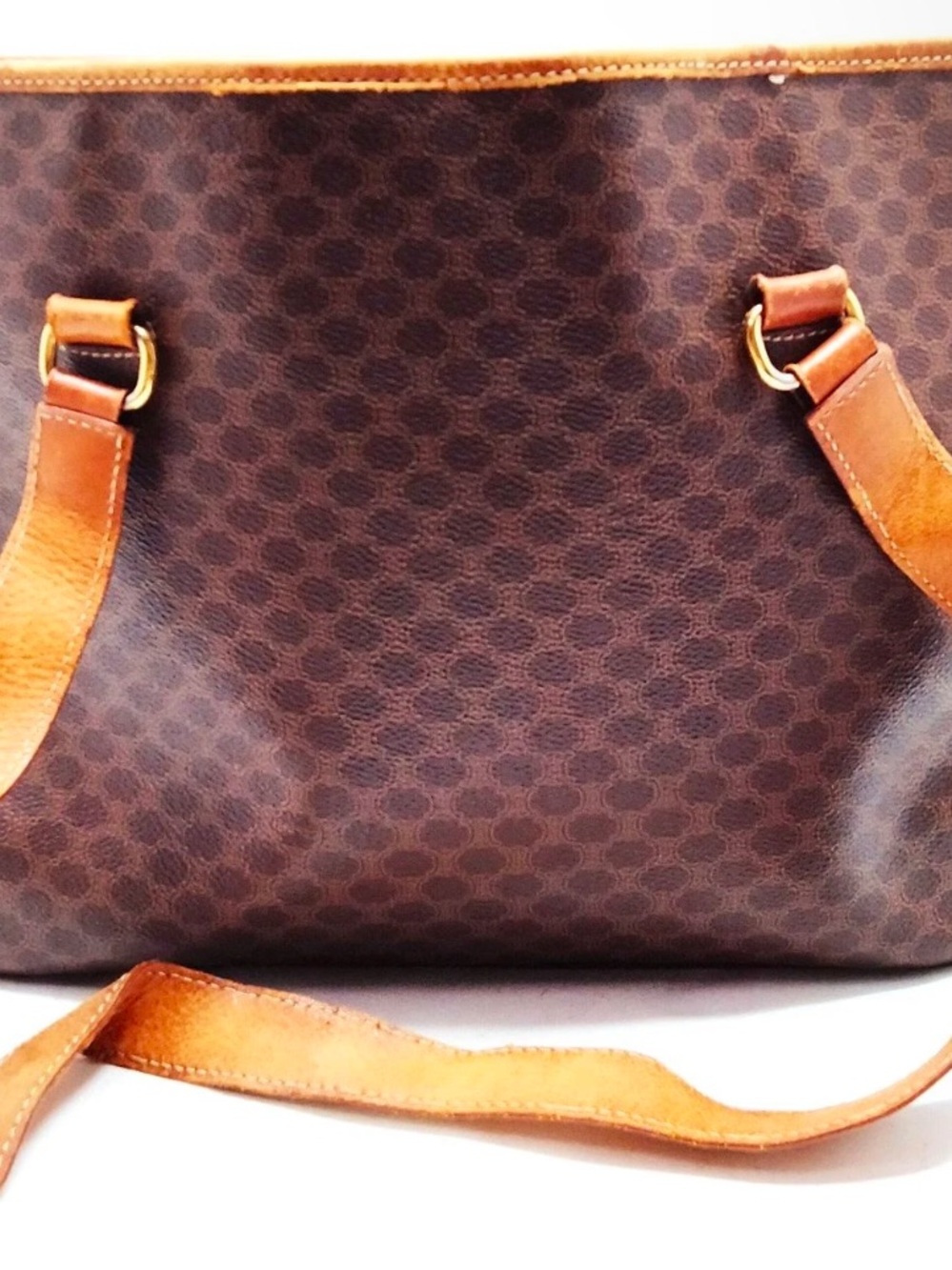 vintage Celine Macadam tote bag featuring brown monogram canvas and leather